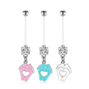 Cute Little Feet 14G Pregnancy Belly Ring CZ 25MM 32MM 35MM Muti-Color Available