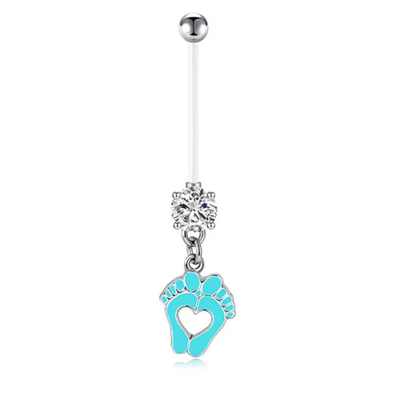 Cute Little Feet 14G Pregnancy Belly Ring CZ 25MM 32MM 35MM Muti-Color Available