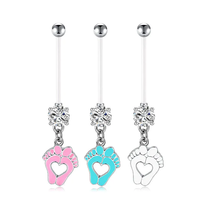 Cute Little Feet 14G Pregnancy Belly Ring CZ 25MM 32MM 35MM Muti-Color Available