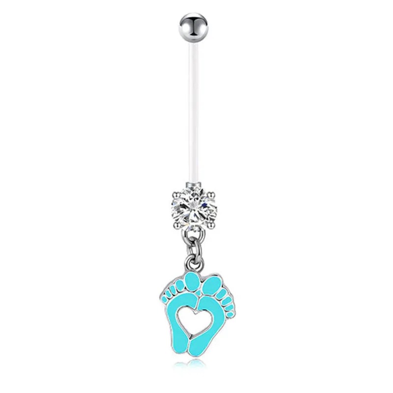 Cute Little Feet 14G Pregnancy Belly Ring CZ 25MM 32MM 35MM Muti-Color Available