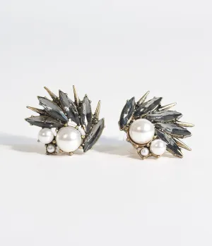 Deco Style Pearl & Dark Gem Thistle Stud Earrings