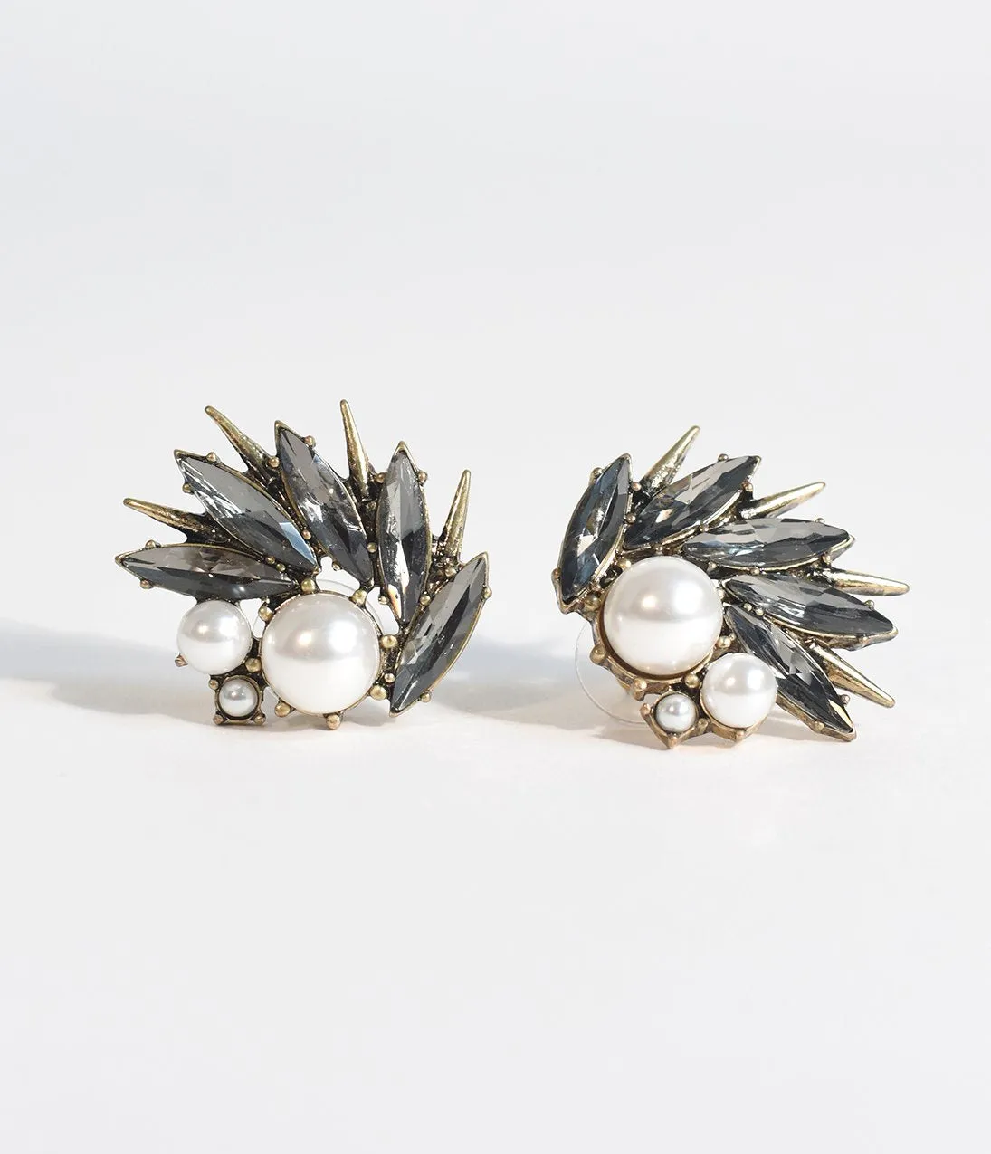 Deco Style Pearl & Dark Gem Thistle Stud Earrings