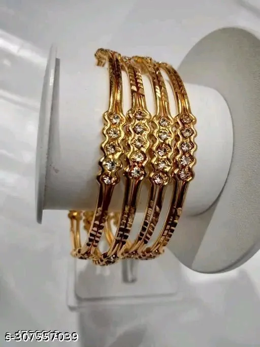 Elegant Gold Plated Traditional Bangle Set for Women &amp; Girls – 4 Pcs with Cubic Zirconia Stones