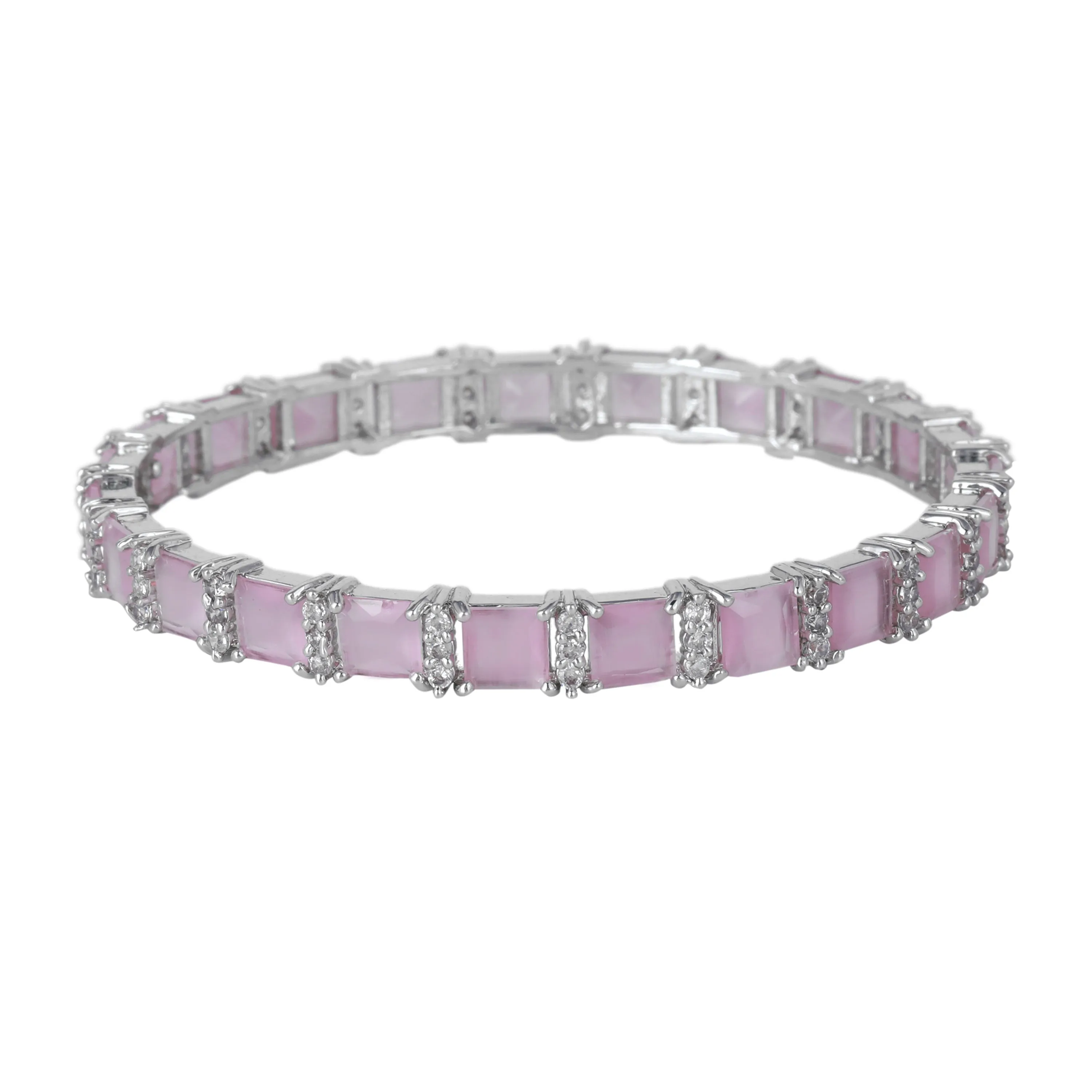 Estele Rhodium Plated Charming Mint Pink American Diamond Bangles with Square Design| Sizes 2:4, 2:6 & 2:8| A Blend of Elegance and Grace