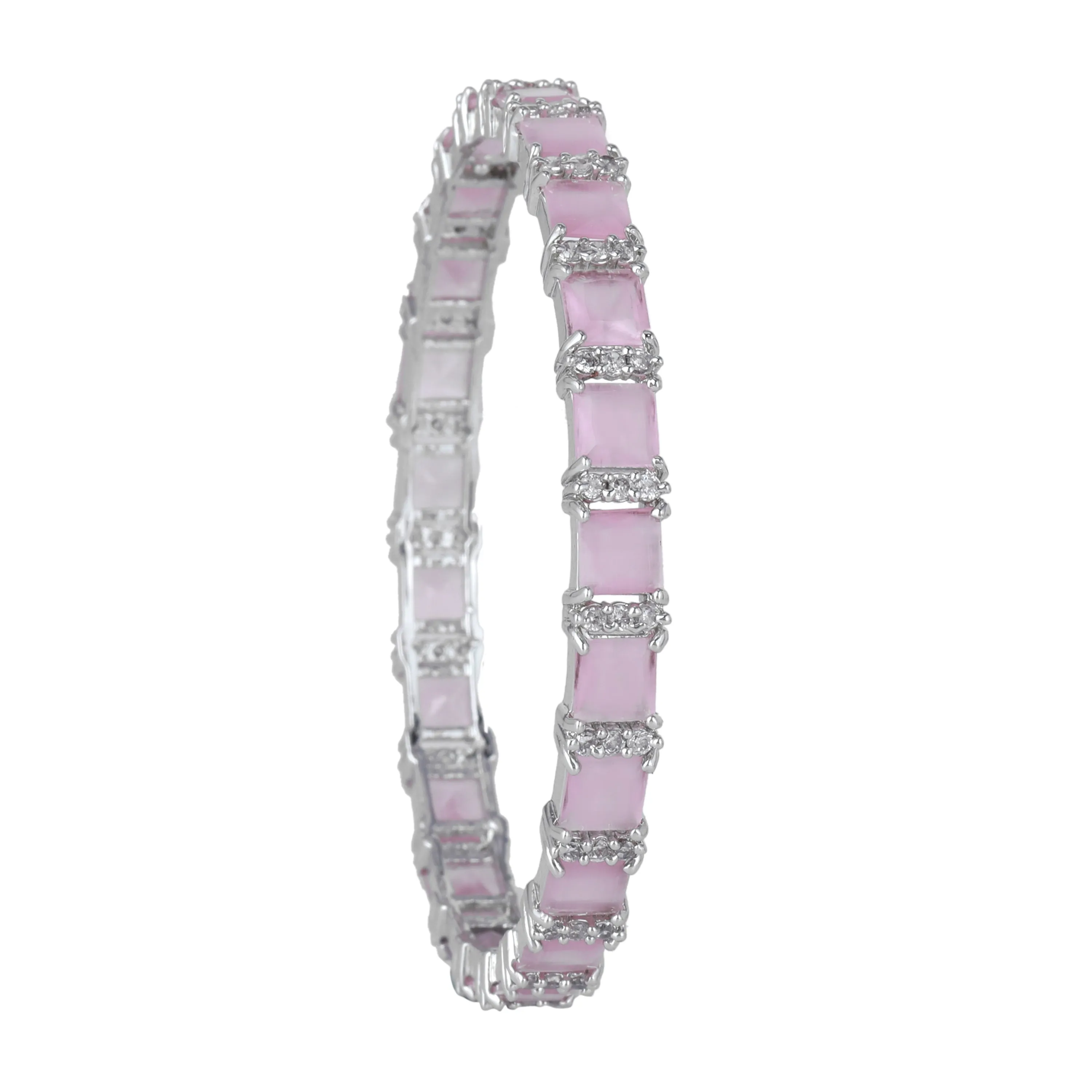 Estele Rhodium Plated Charming Mint Pink American Diamond Bangles with Square Design| Sizes 2:4, 2:6 & 2:8| A Blend of Elegance and Grace