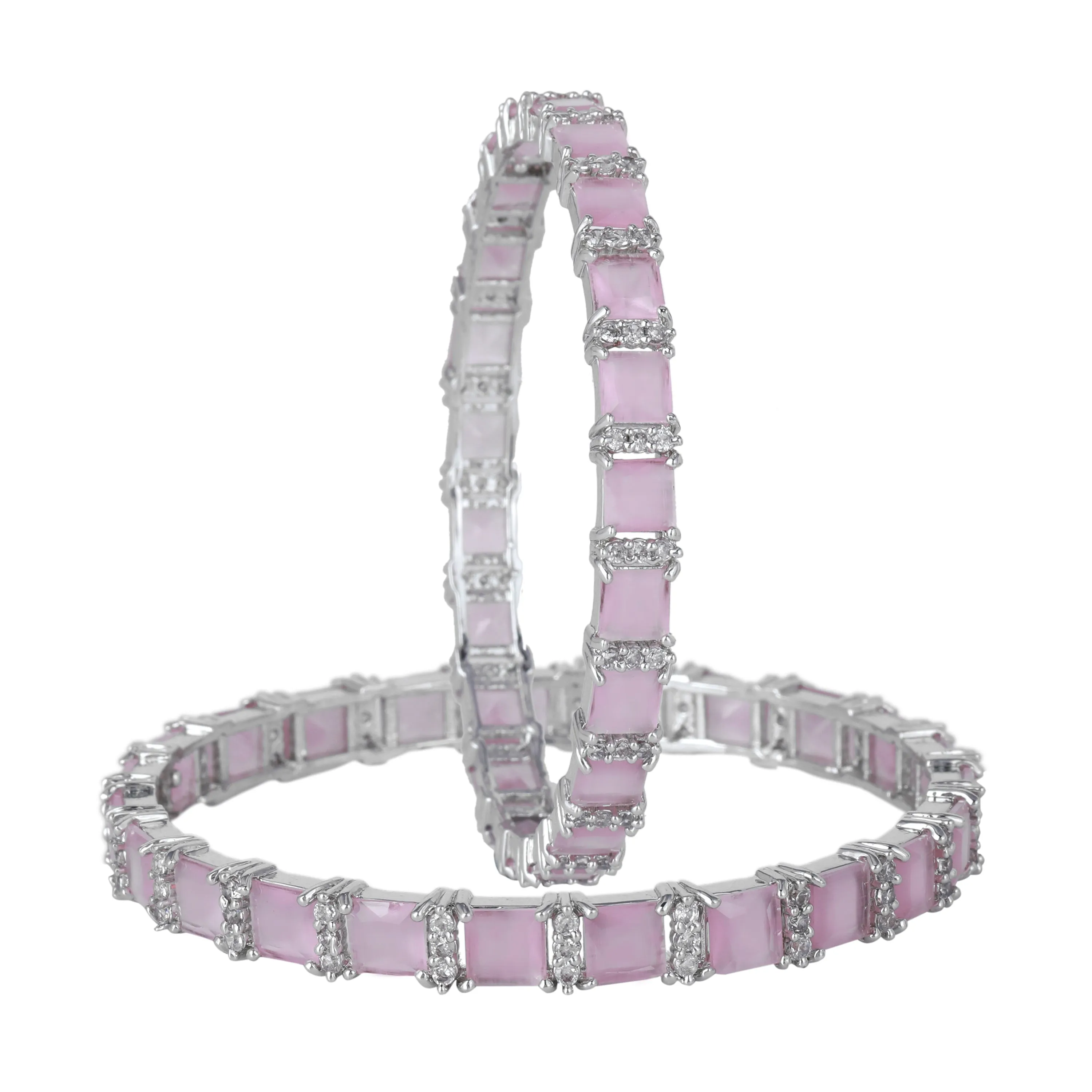 Estele Rhodium Plated Charming Mint Pink American Diamond Bangles with Square Design| Sizes 2:4, 2:6 & 2:8| A Blend of Elegance and Grace
