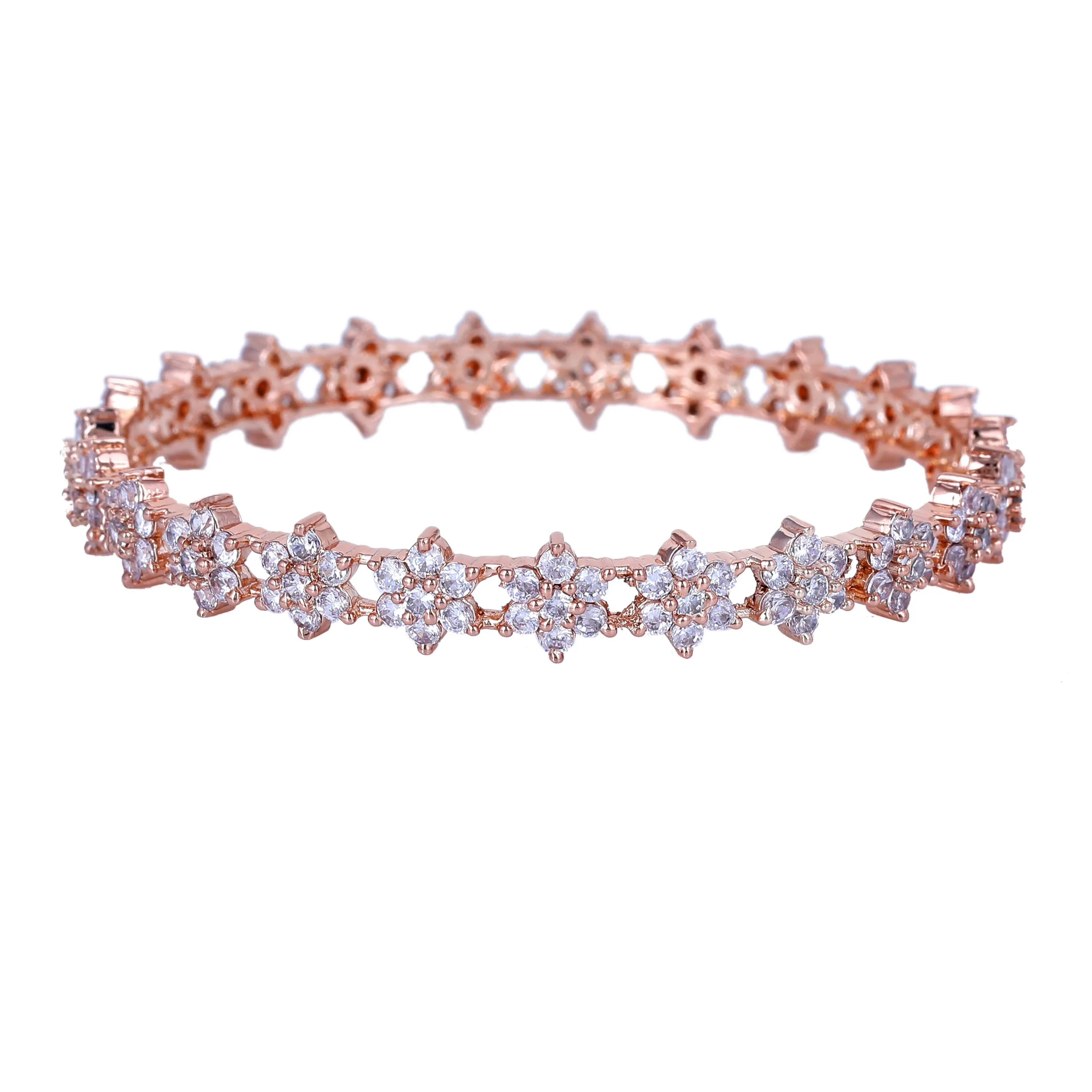 Estele Rosegold Plated Charming Floral Motif White American Diamond Bangles | Available in 2:6, & 2:8 Sizes |A Sparkling Choice for Women’s Classic Look