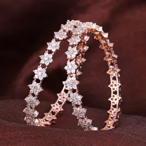 Estele Rosegold Plated Charming Floral Motif White American Diamond Bangles | Available in 2:6, & 2:8 Sizes |A Sparkling Choice for Women’s Classic Look
