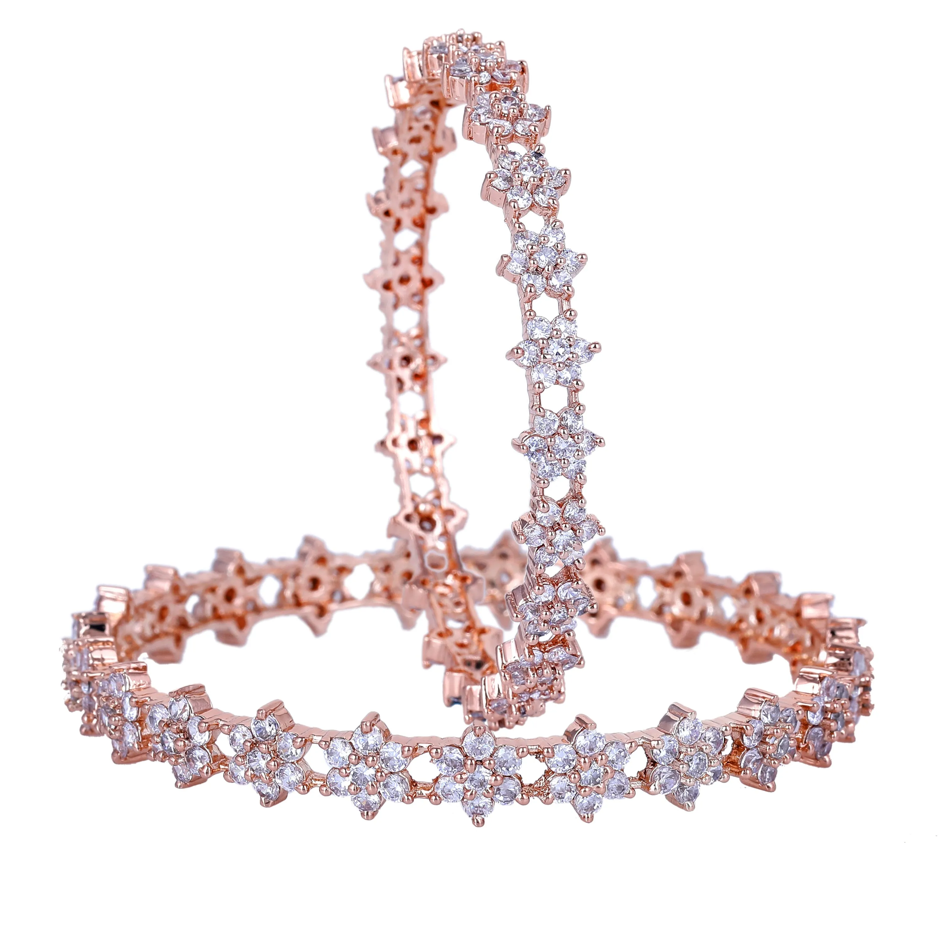 Estele Rosegold Plated Charming Floral Motif White American Diamond Bangles | Available in 2:6, & 2:8 Sizes |A Sparkling Choice for Women’s Classic Look