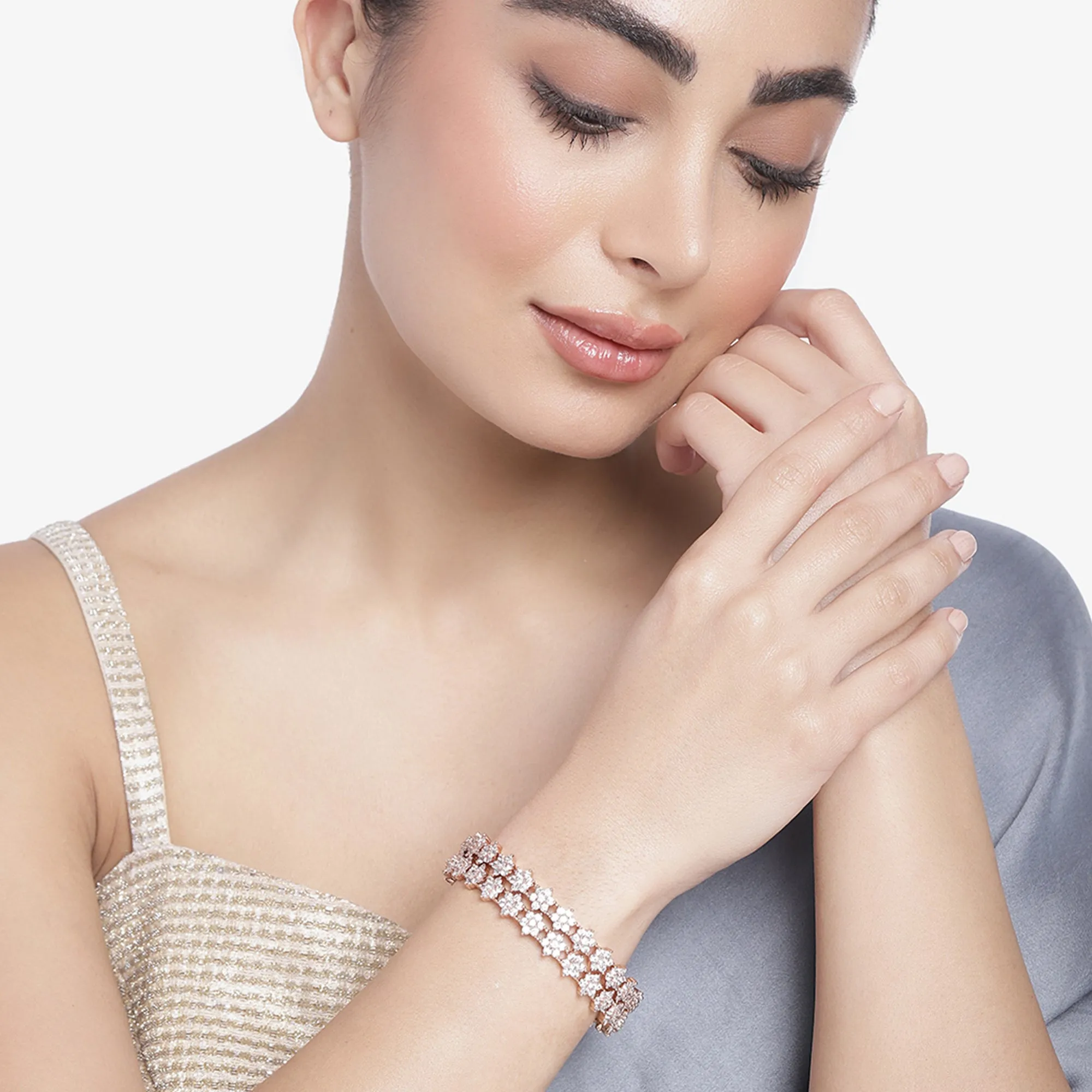 Estele Rosegold Plated Charming Floral Motif White American Diamond Bangles | Available in 2:6, & 2:8 Sizes |A Sparkling Choice for Women’s Classic Look