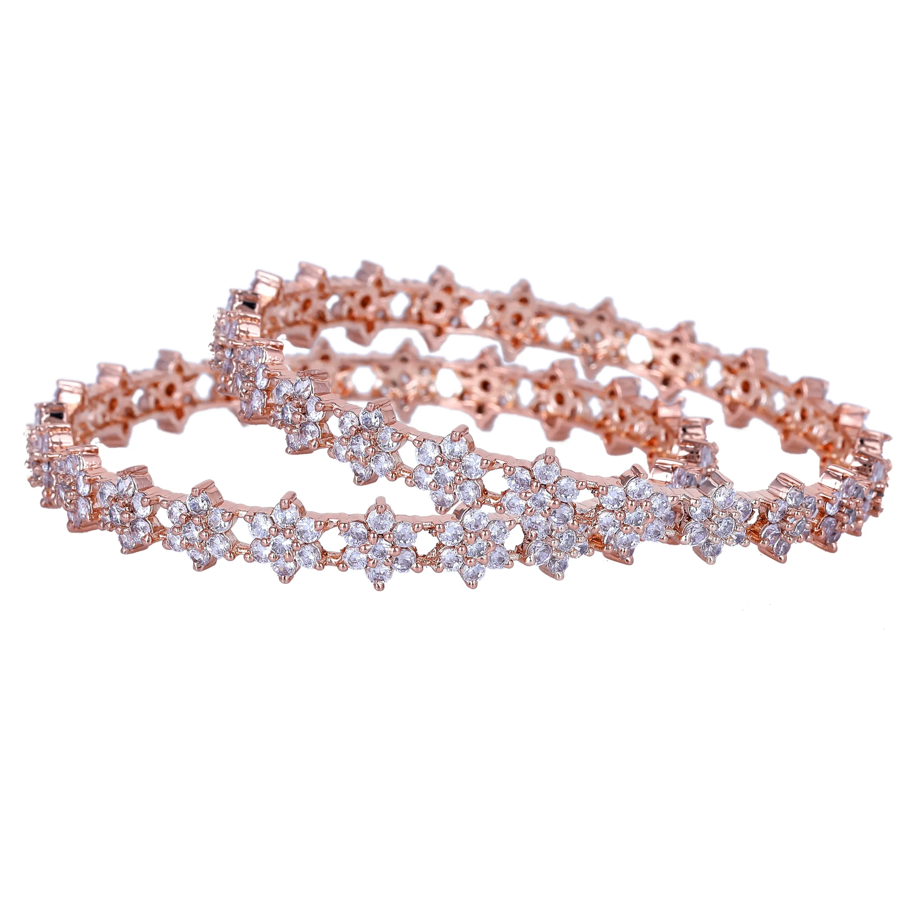 Estele Rosegold Plated Charming Floral Motif White American Diamond Bangles | Available in 2:6, & 2:8 Sizes |A Sparkling Choice for Women’s Classic Look