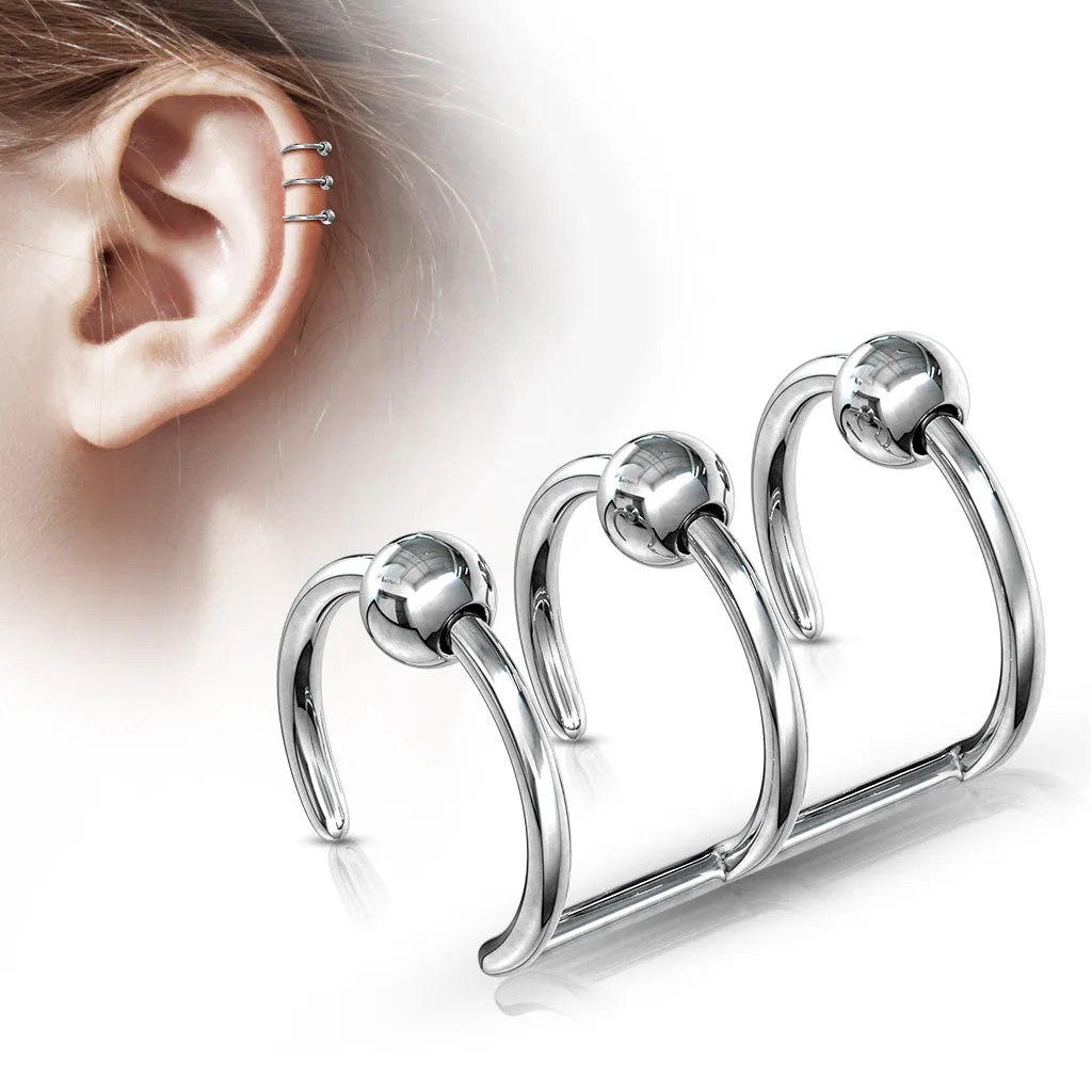 Faux Captive Bead Triple Hoop Non-Piercing Cuff
