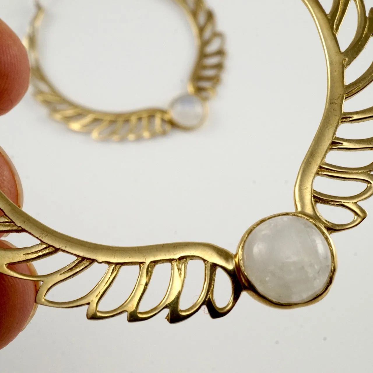 Feather Moonstone Hoop Earrings - Rainbow moonstone - Birthstone earrings - Aurora Brass