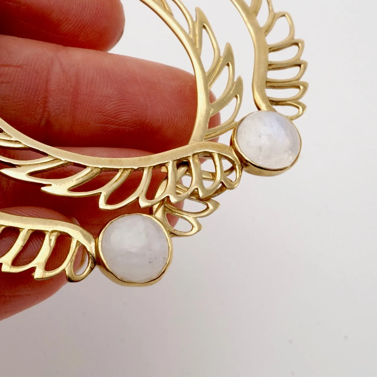 Feather Moonstone Hoop Earrings - Rainbow moonstone - Birthstone earrings - Aurora Brass