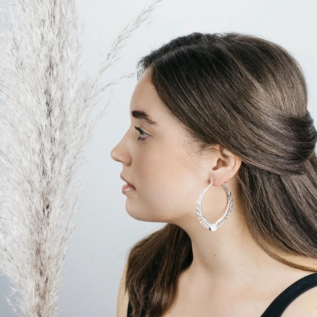 Feather Moonstone Hoop Earrings - Rainbow moonstone - Birthstone earrings - Aurora Brass