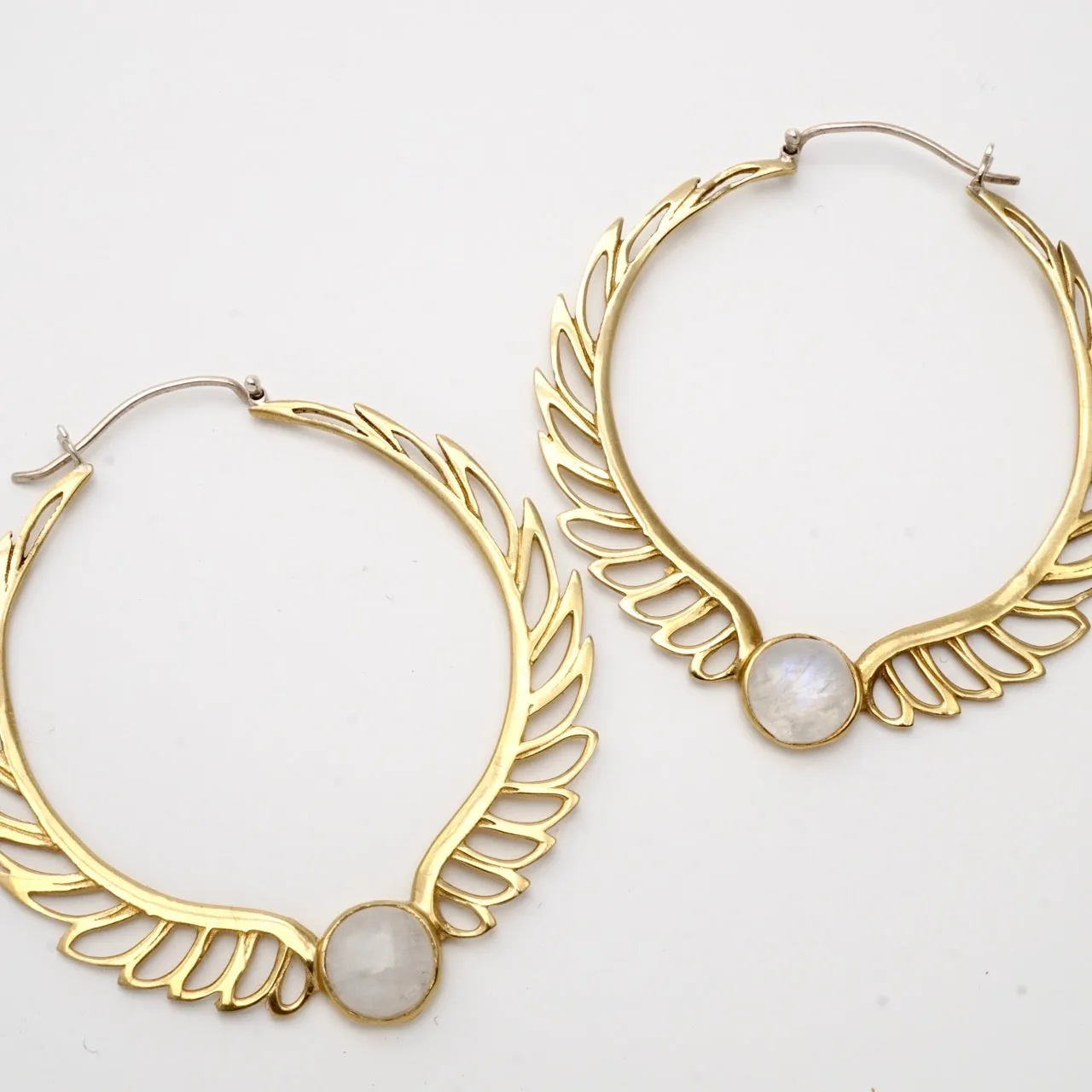Feather Moonstone Hoop Earrings - Rainbow moonstone - Birthstone earrings - Aurora Brass