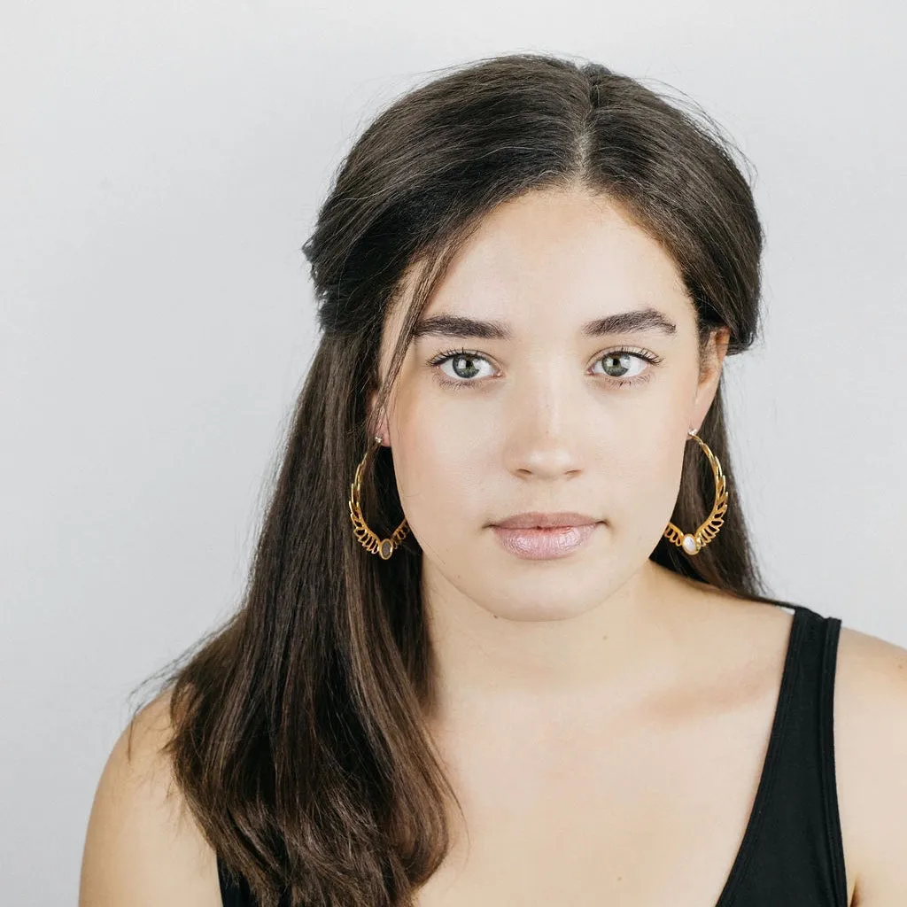 Feather Moonstone Hoop Earrings - Rainbow moonstone - Birthstone earrings - Aurora Brass
