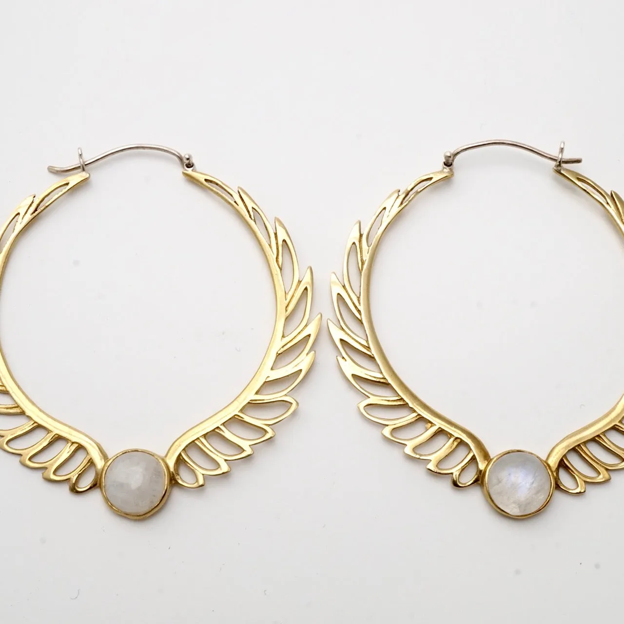 Feather Moonstone Hoop Earrings - Rainbow moonstone - Birthstone earrings - Aurora Brass