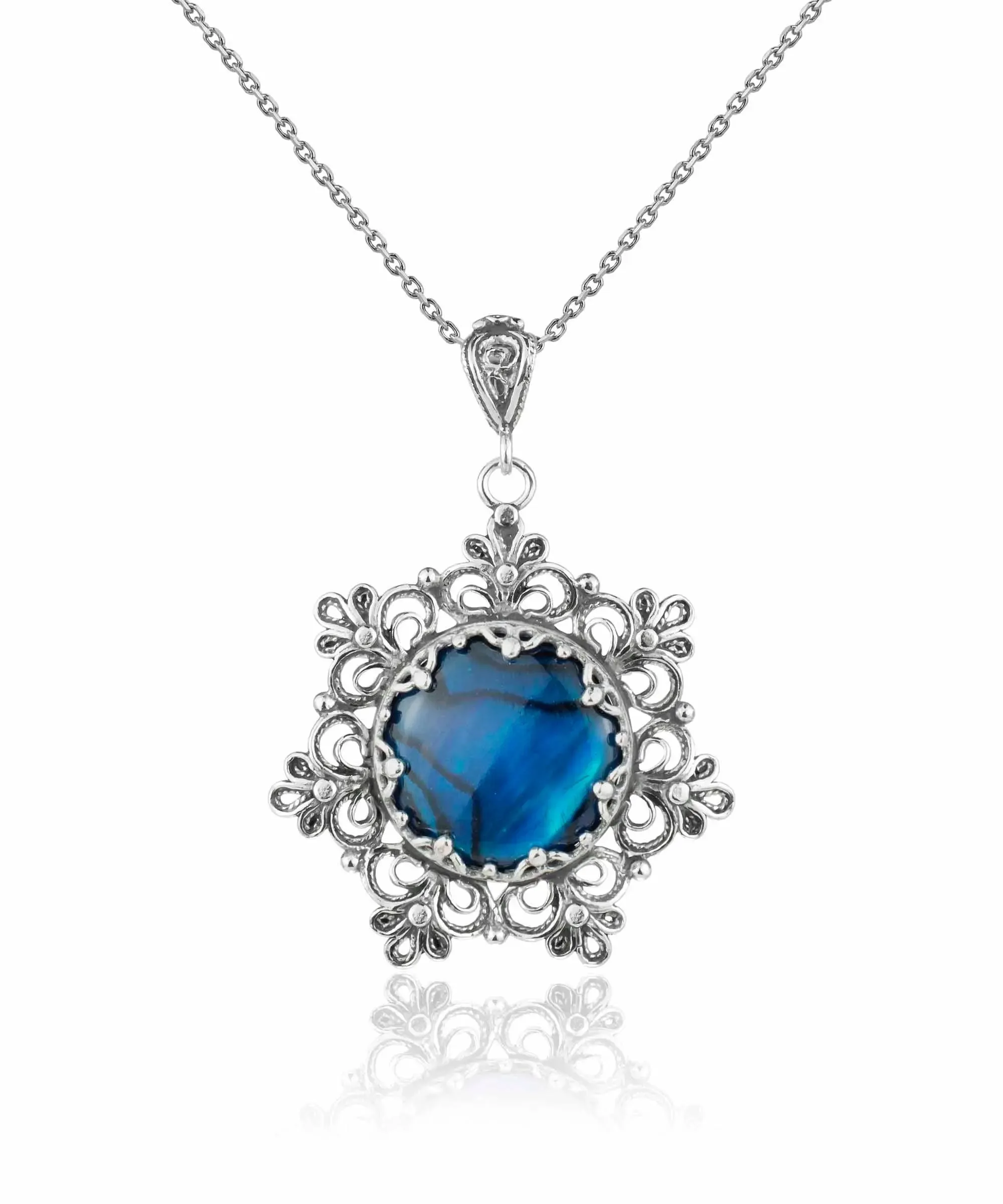 Filigree Silver Flower Figured Blue Abalone Gemstone Woman Pendant Necklace