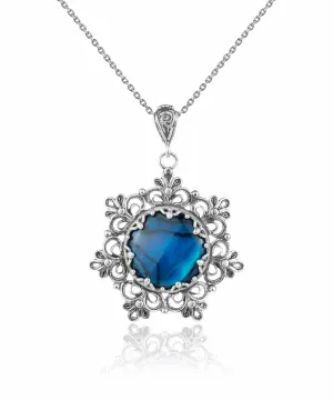 Filigree Silver Flower Figured Blue Abalone Gemstone Woman Pendant Necklace
