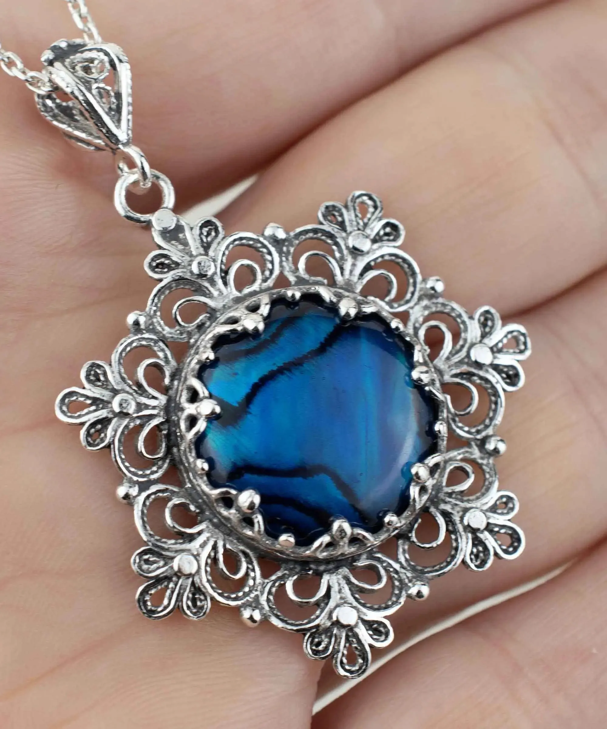 Filigree Silver Flower Figured Blue Abalone Gemstone Woman Pendant Necklace