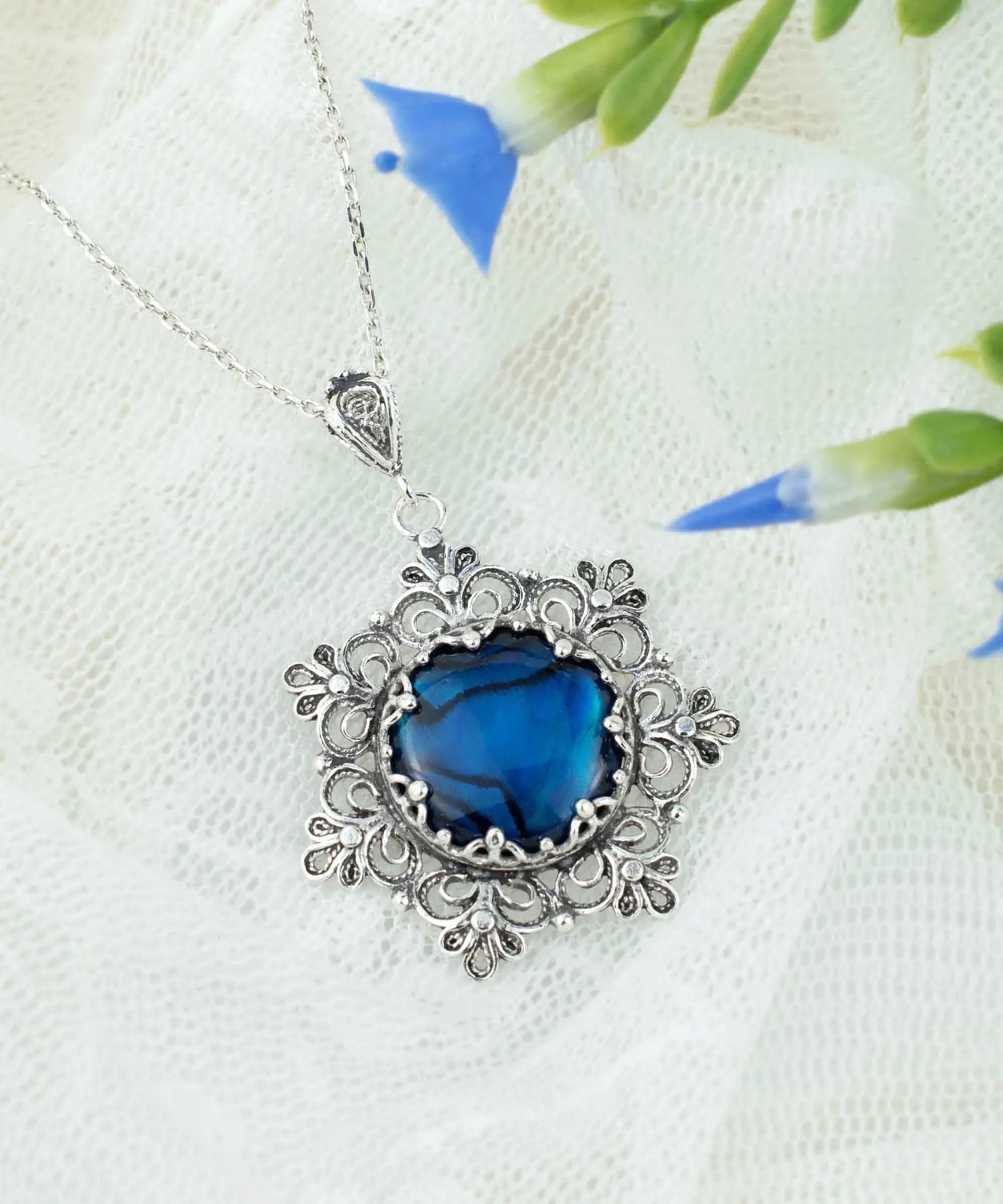 Filigree Silver Flower Figured Blue Abalone Gemstone Woman Pendant Necklace