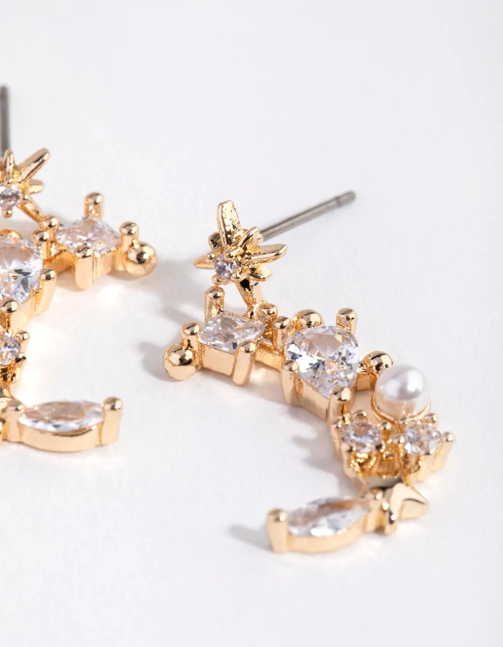 Gold Cubic Zirconia Mixed Stone Moon Drop Earrings