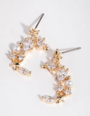 Gold Cubic Zirconia Mixed Stone Moon Drop Earrings