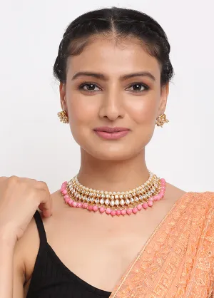 Gold Plated Kundan Jewellery Set With Pink Beads