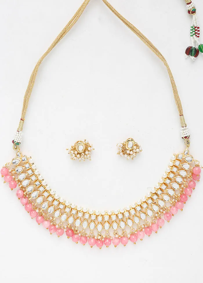 Gold Plated Kundan Jewellery Set With Pink Beads