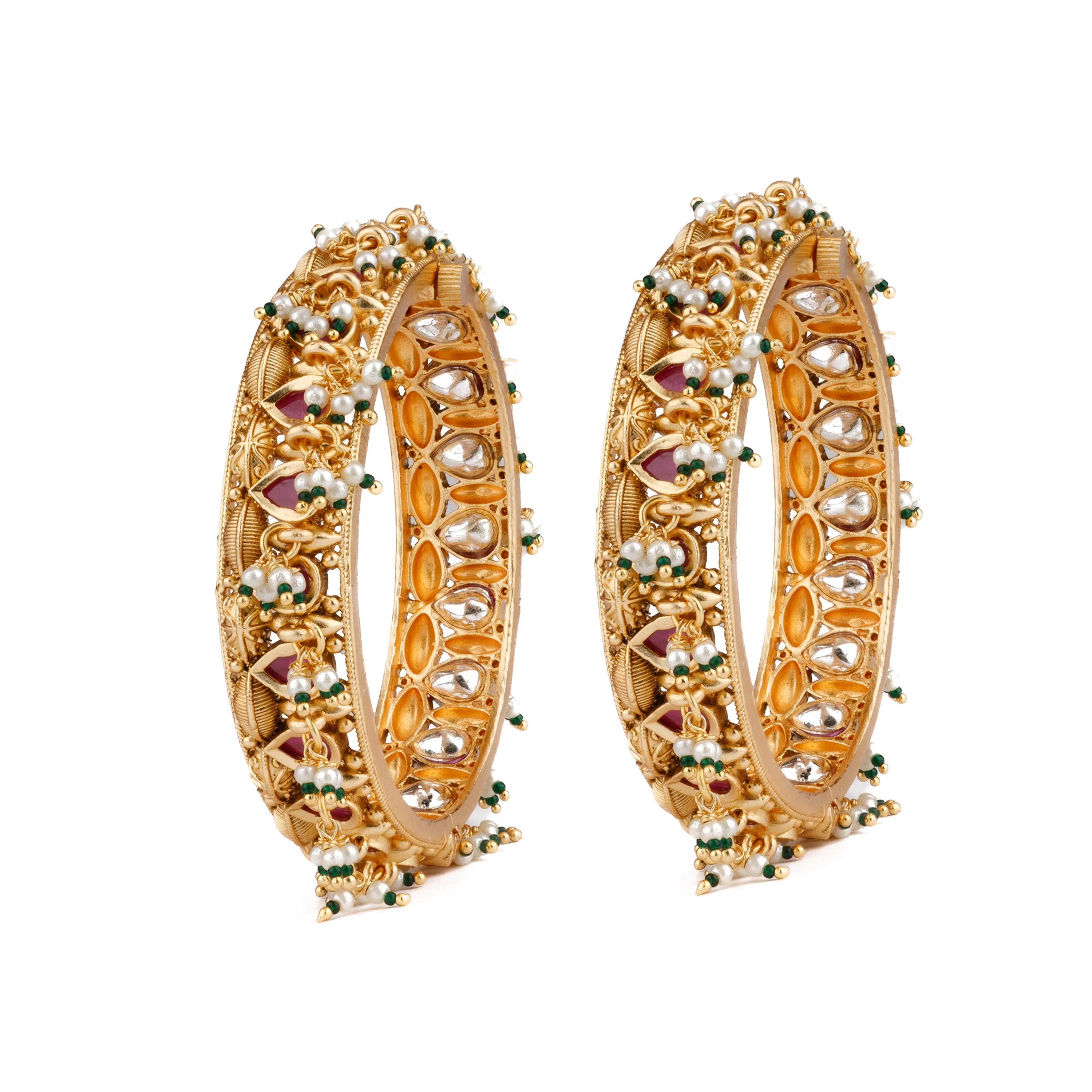 Gold Plated Pink Onyx Stone Studded With Pearl Drop Bangles, Set of 2 - VB126