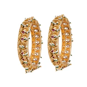 Gold Plated Pink Onyx Stone Studded With Pearl Drop Bangles, Set of 2 - VB126