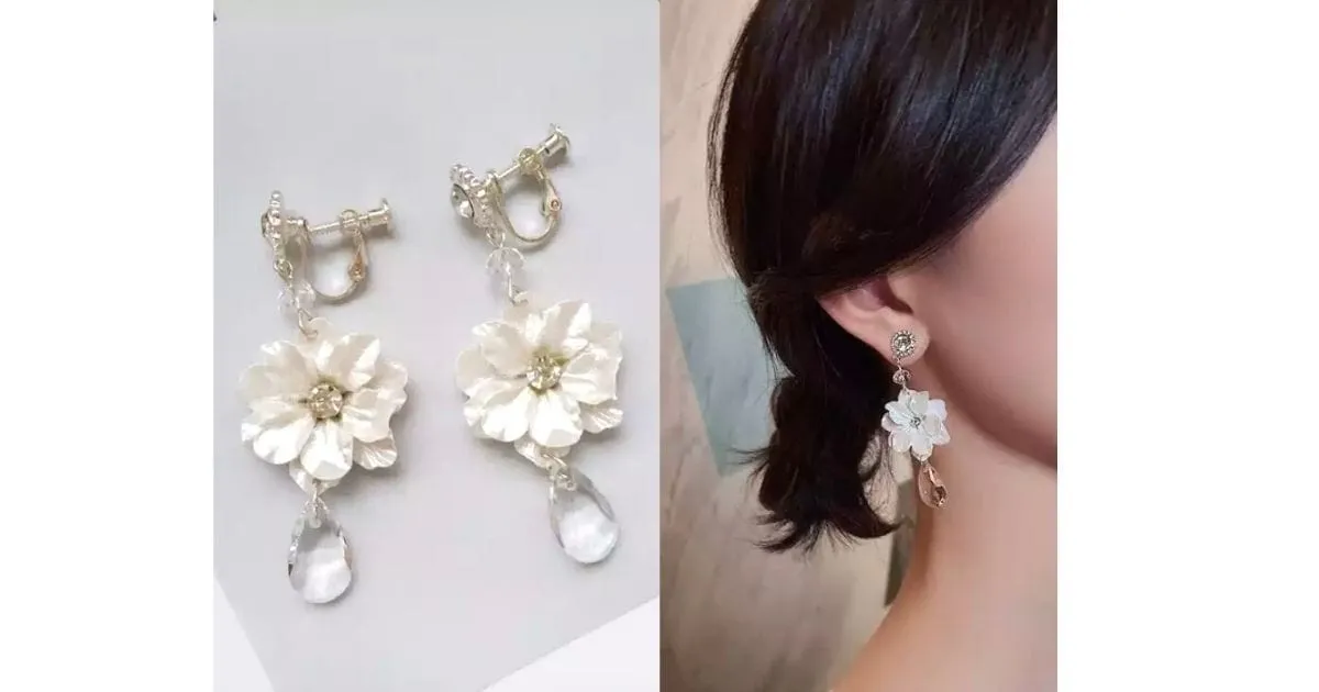 Graceful White Flower Crystal Drop Dangle Clip On Earrings