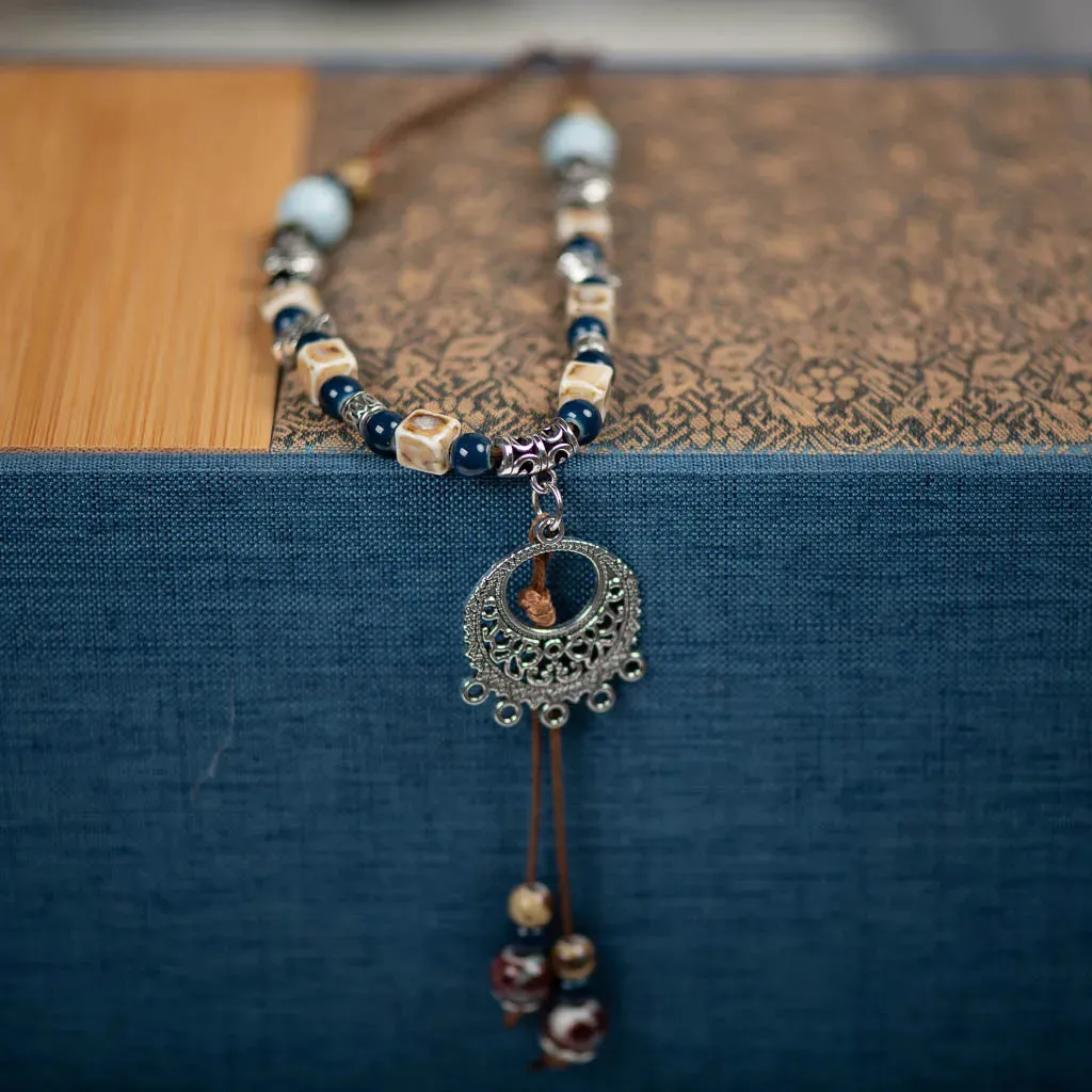 Handmade Vintage Boho Ceramic Necklace Ethnic Style Chinese Pendant Unique Women's
