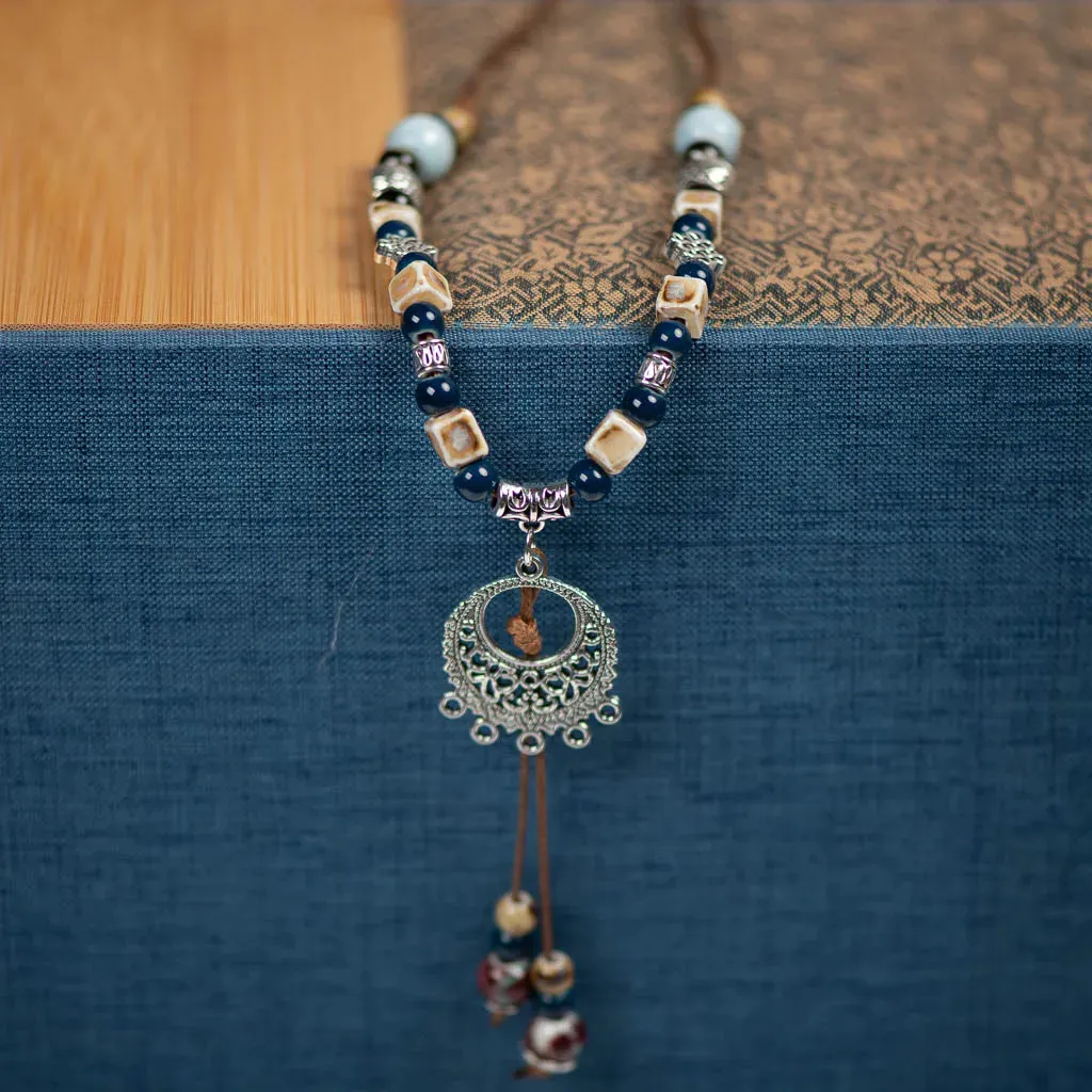 Handmade Vintage Boho Ceramic Necklace Ethnic Style Chinese Pendant Unique Women's