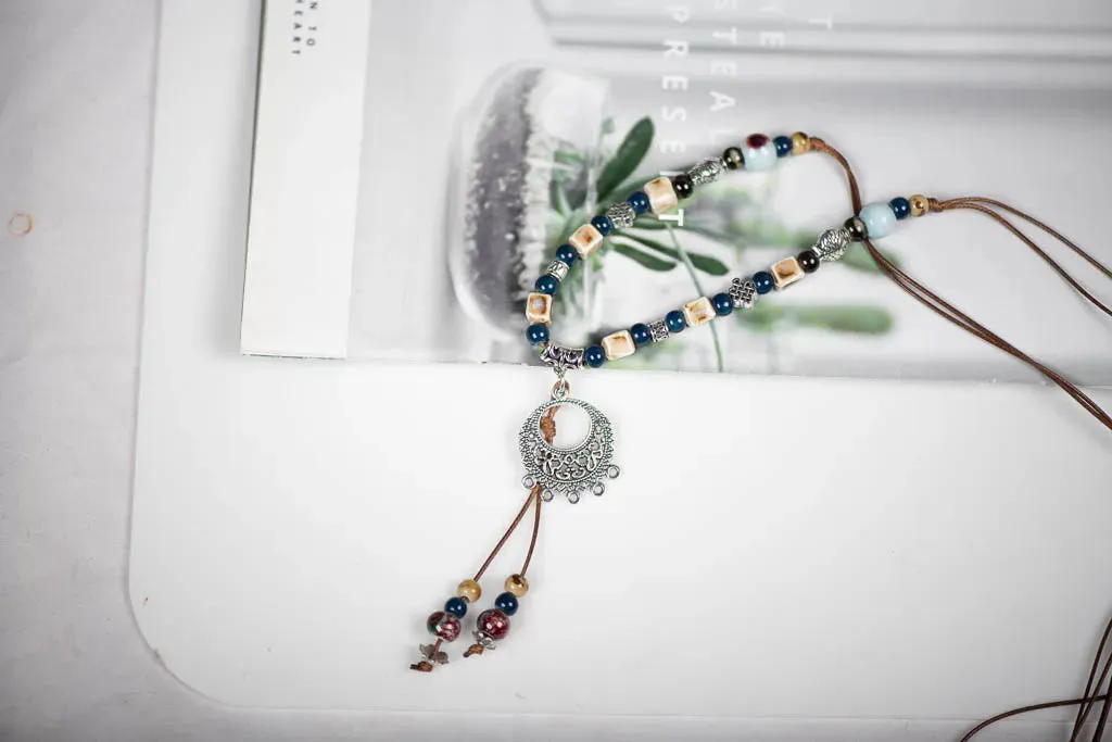 Handmade Vintage Boho Ceramic Necklace Ethnic Style Chinese Pendant Unique Women's