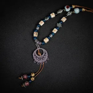 Handmade Vintage Boho Ceramic Necklace Ethnic Style Chinese Pendant Unique Women's