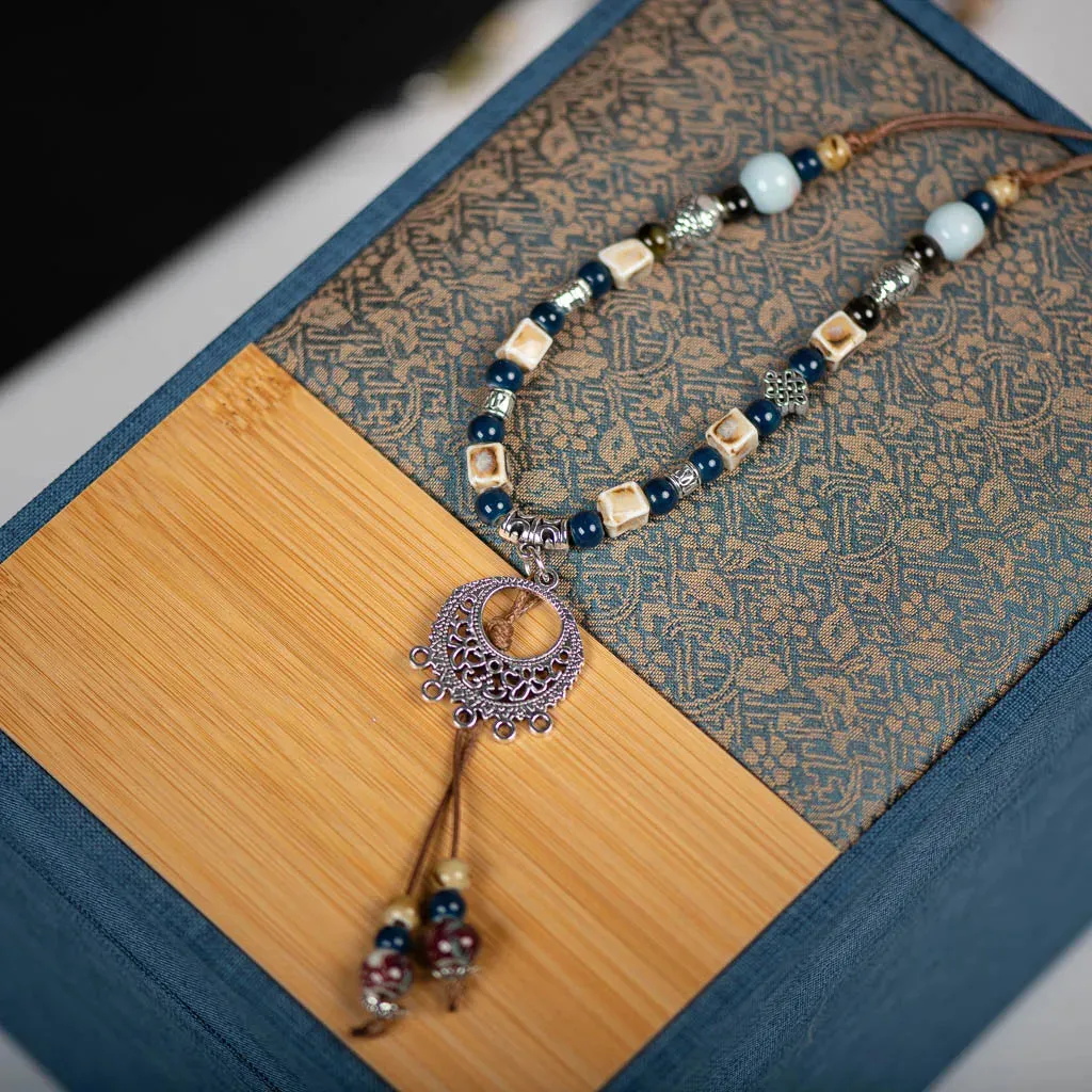 Handmade Vintage Boho Ceramic Necklace Ethnic Style Chinese Pendant Unique Women's