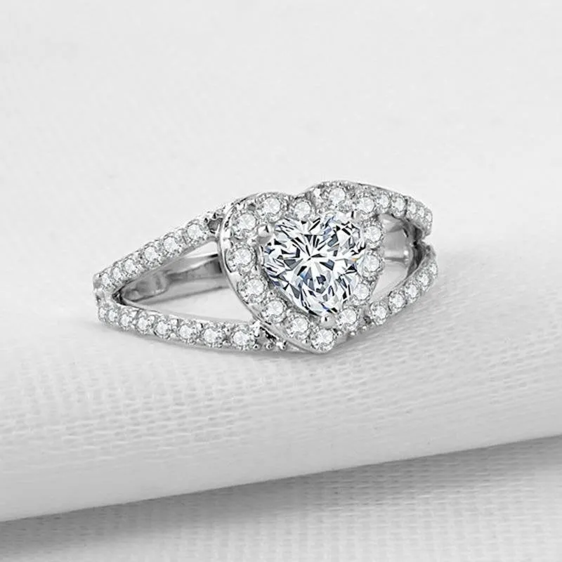 Heart Cut Halo Split Ring with Accents