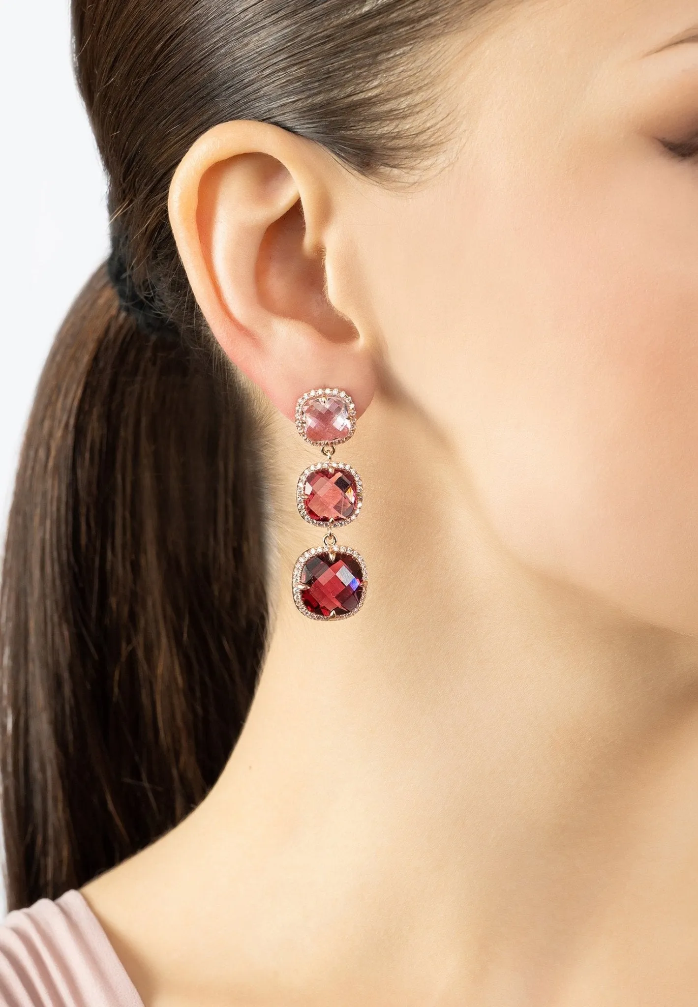 Knightsbridge Drop Earrings in Rose Gold with Pink Gemstones