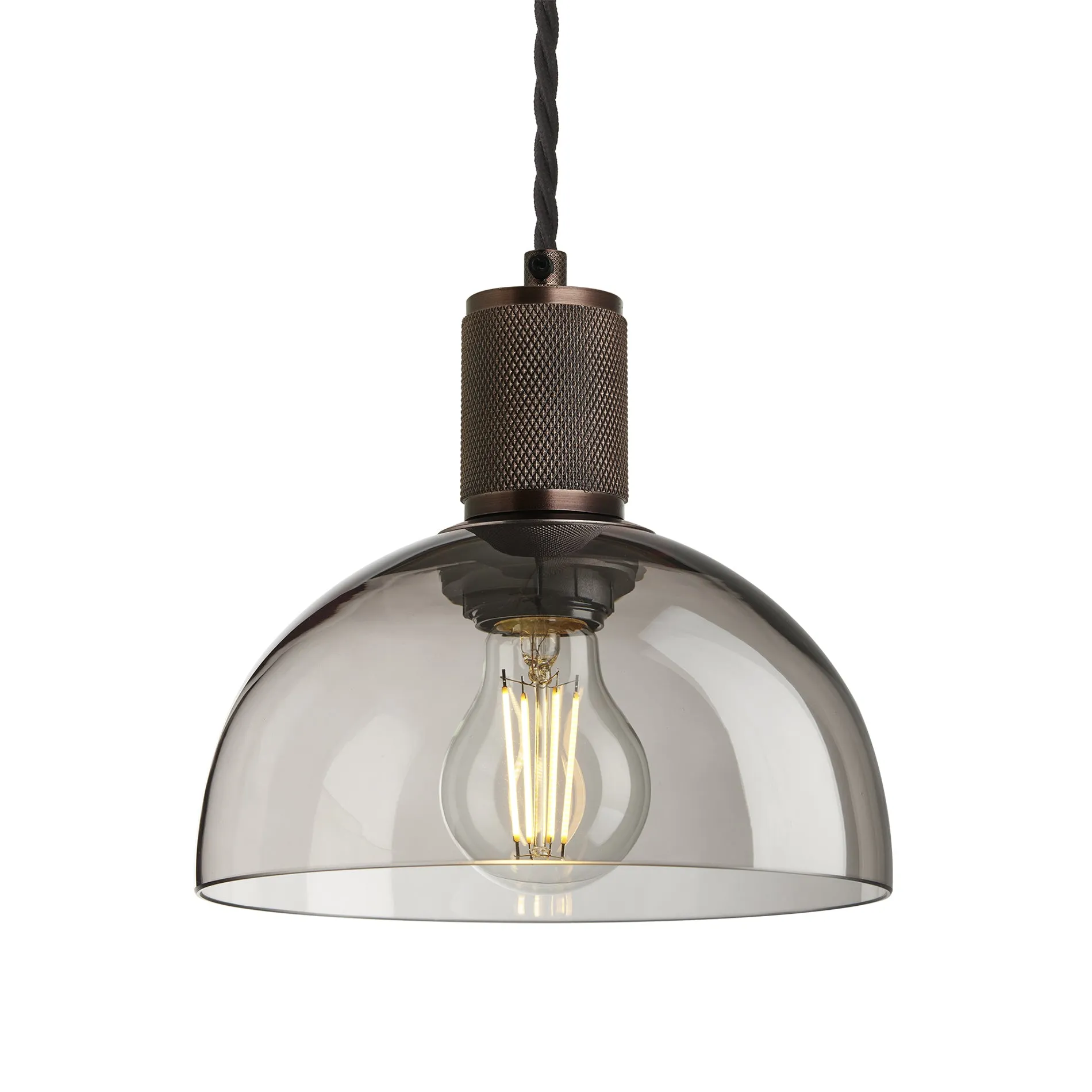 Knurled Smoked Glass Dome Pendant Light - 8 Inch - Mocha