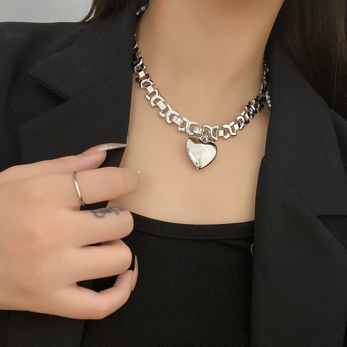 Ladies Silver Stainless Steel Geometric Thick Chain Heart Pendant Necklace