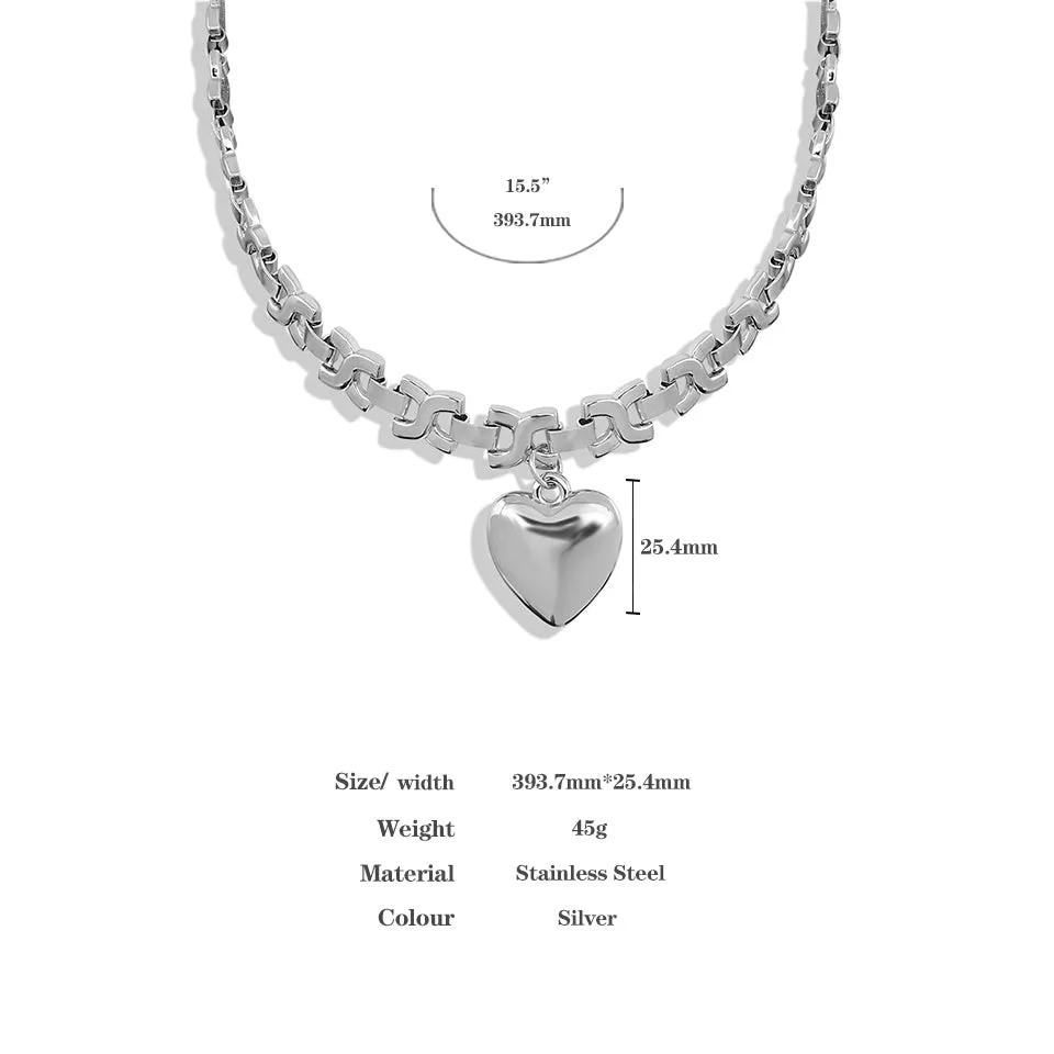 Ladies Silver Stainless Steel Geometric Thick Chain Heart Pendant Necklace