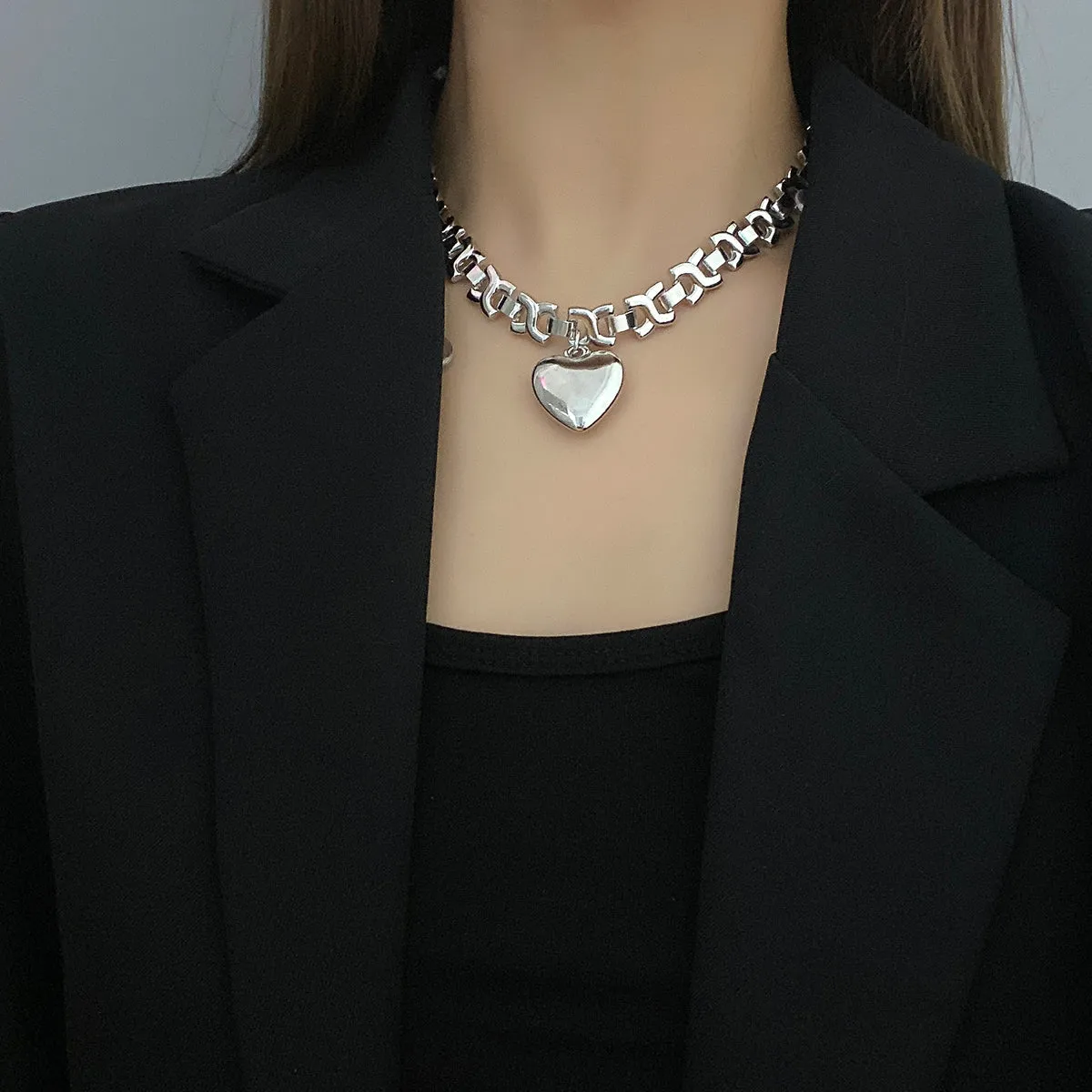 Ladies Silver Stainless Steel Geometric Thick Chain Heart Pendant Necklace
