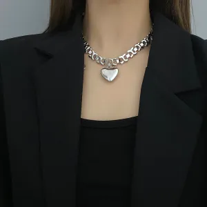 Ladies Silver Stainless Steel Geometric Thick Chain Heart Pendant Necklace
