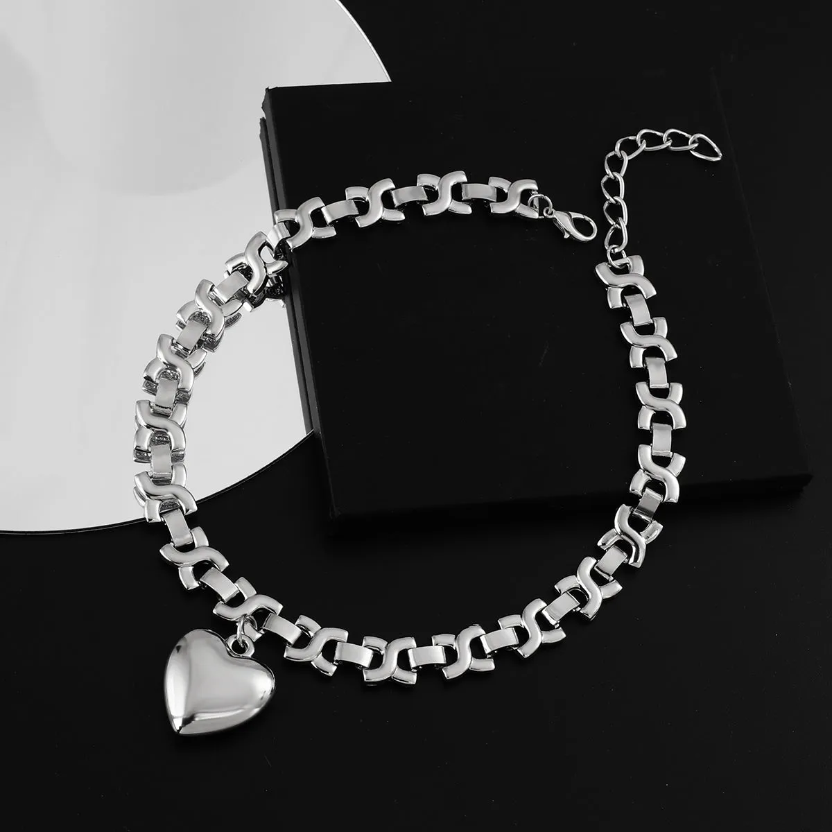 Ladies Silver Stainless Steel Geometric Thick Chain Heart Pendant Necklace