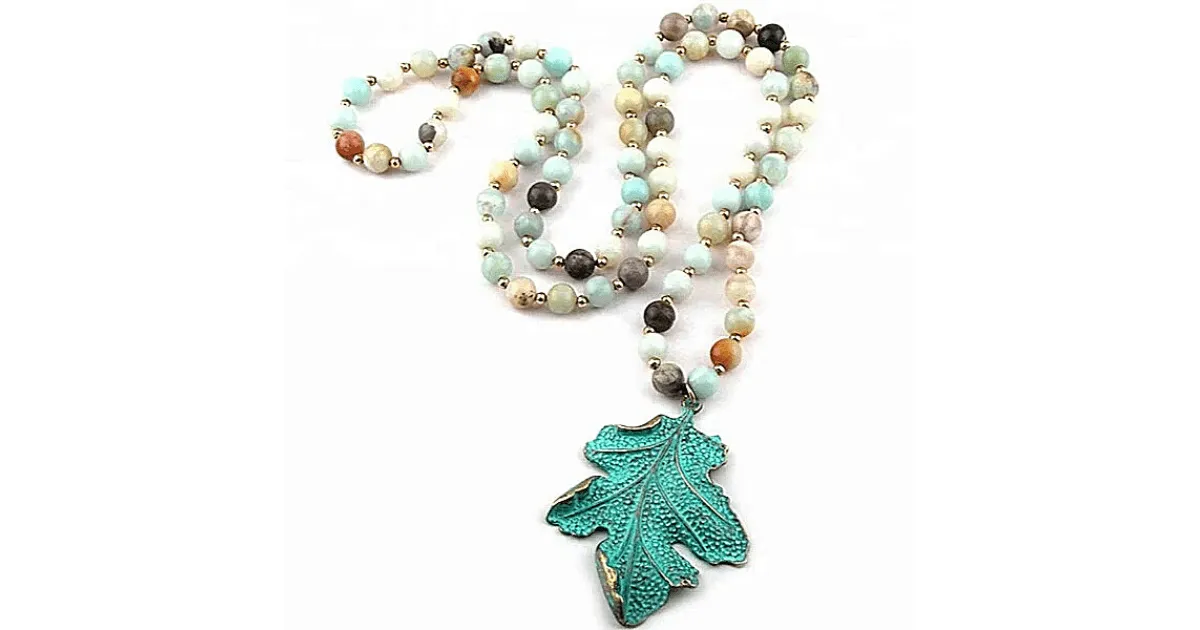 Leaf Pendent Long Amazonite Natural Stone Beaded Necklace