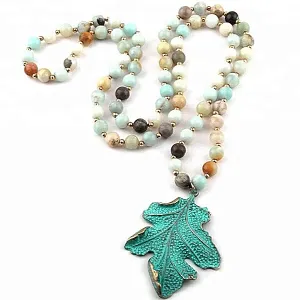 Leaf Pendent Long Amazonite Natural Stone Beaded Necklace