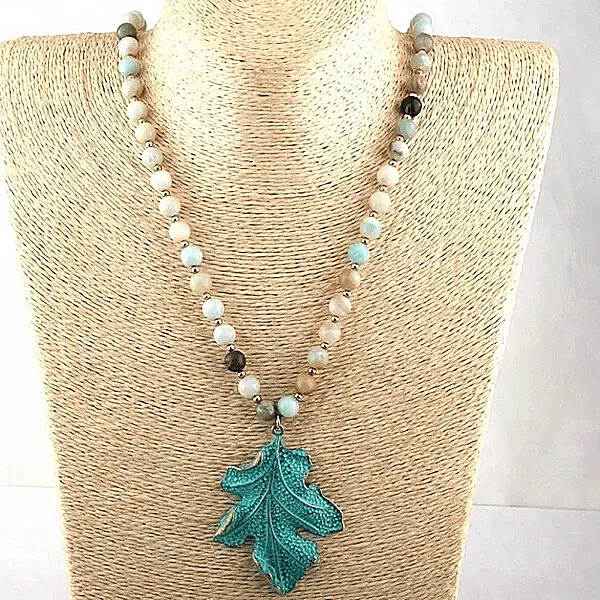 Leaf Pendent Long Amazonite Natural Stone Beaded Necklace