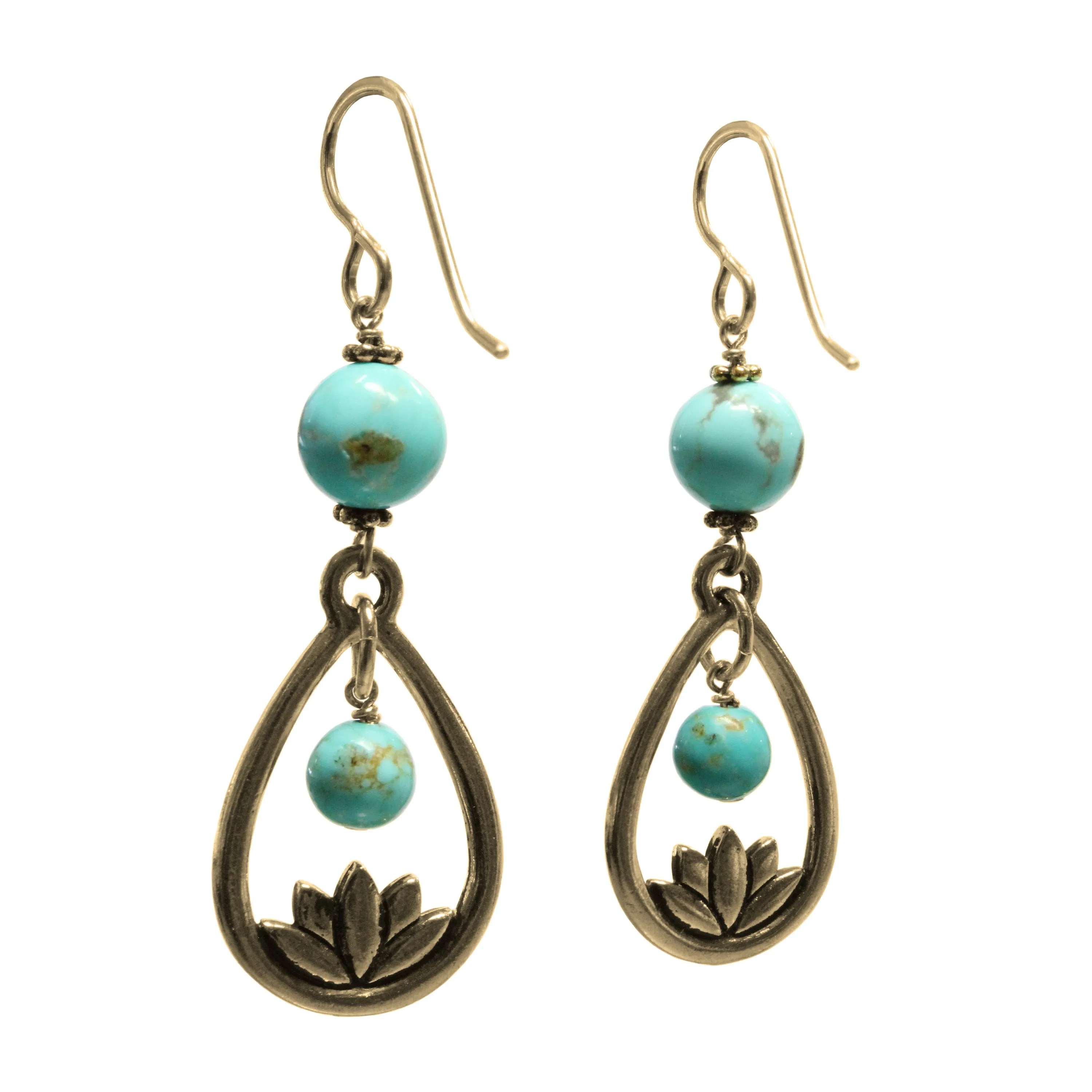 Lotus Earrings / 58mm length / #8 Mine turquoise gemstones / gold filled hook earwires